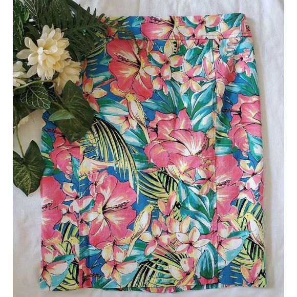 Ann Taylor Loft SZ 6 Pink Hawaii Theme Floral Pencil Skirt Colorful - Picture 6 of 6